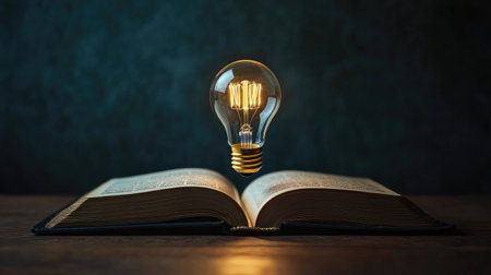 Glowing light bulb rises from the pages of an open book, representing the concept of education driven by technology on a minimalistic background.の素材