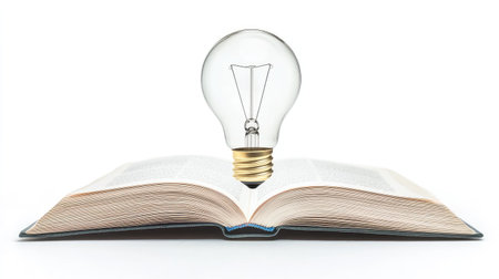 A light bulb floats out of an open book, symbolizing innovation in education and technology, isolated on a clean, white background.の素材