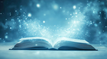 Light floats from the pages of an open book, symbolizing a futuristic tech-driven learning concept, on a clean, simple background.の素材