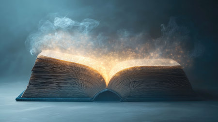 Futuristic book with soft light floating from it, representing advanced learning and technology, isolated on a minimal white backdrop.の素材