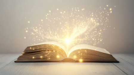 A glowing light floats from an open book, representing the future of technology in education, on a simple white backdrop.の素材