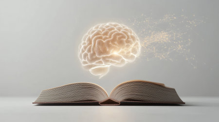 Open book with a glowing AI-generated brain floating out, symbolizing the advancement of education through technology, on a minimal white background.の素材