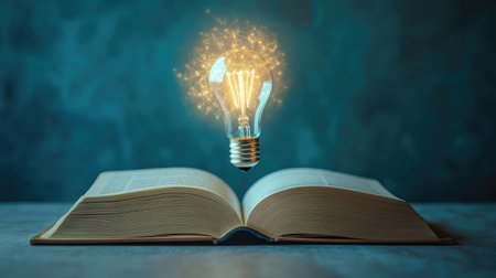 Open book with a glowing light bulb floating out, representing the idea of innovation in education through technology, isolated on a clean background.の素材