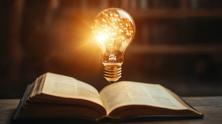 Glowing light bulb hovers above an open book, representing knowledge and technology on a simple, minimalistic backdrop.の素材