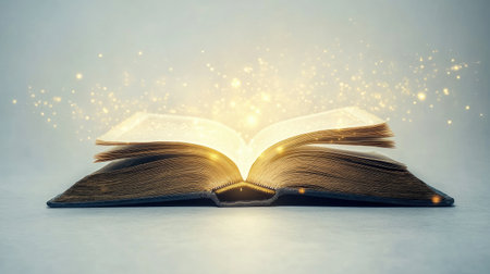 Glowing light floats out of an open book, symbolizing the future of knowledge through technology, on a clean white background.の素材