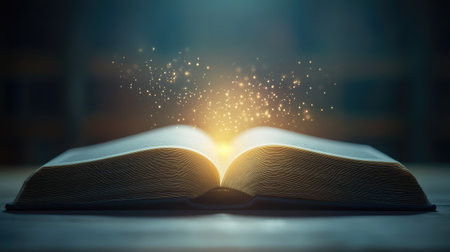 Open book with soft light floating out, symbolizing futuristic technology in education, on a minimal, simple background.の素材