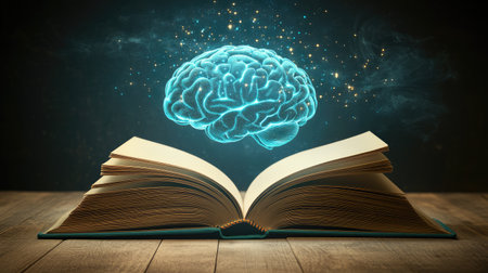 Open book with a glowing brain floating out, created by AI, representing tech-driven education and innovation, isolated on a simple background.の素材