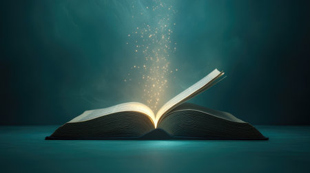 Soft, glowing light floats from an open book, symbolizing futuristic technology and knowledge advancement, on a minimal, simple backdrop.の素材
