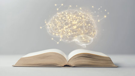 Open book with a floating AI-generated glowing brain, symbolizing tech-enhanced education and innovation on a simple white background.の素材