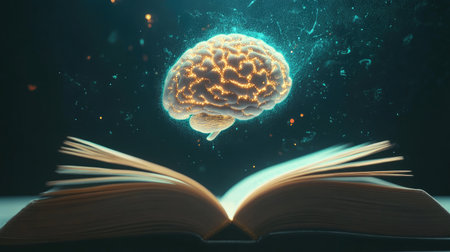 Open book with an AI-generated human brain glowing and floating upwards, representing the merging of knowledge and technology in a minimal setting.の素材