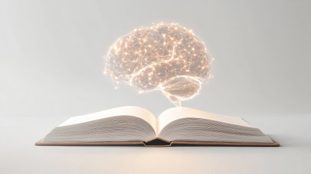 Open book with a floating AI-generated glowing brain, symbolizing tech-enhanced education and innovation on a simple white background.の素材