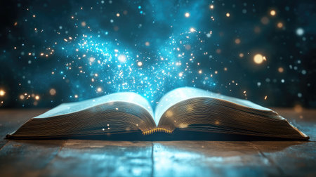 Light floats above an open book, symbolizing futuristic technology and innovation, on a clean, minimal background.の素材