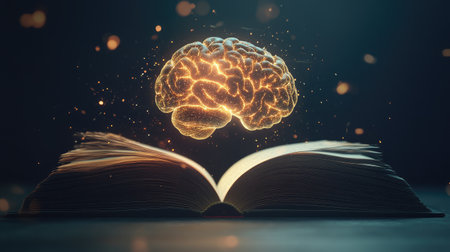 Open book with an AI-generated human brain glowing and floating upwards, representing the merging of knowledge and technology in a minimal setting.の素材