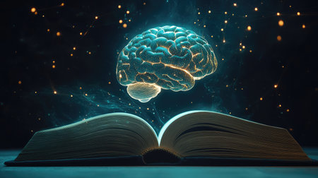 Open book with a glowing AI-generated human brain floating above, symbolizing the fusion of education and technology, on a clean, simple background.の素材