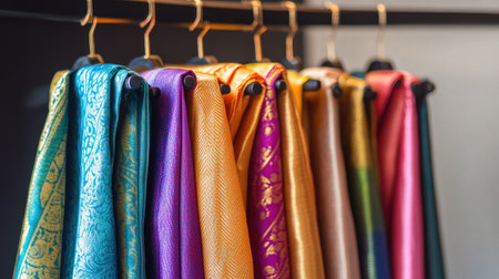 Luxurious dhotis in vibrant colors elegantly draped on sleek hangers, simple background emphasizing their rich textures and patterns.の素材