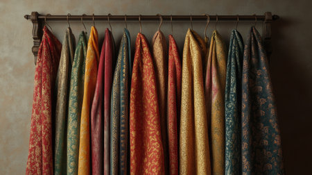 Richly textured dhotis in various colors, hung elegantly on hangers with a soft, neutral background for a refined look.の素材