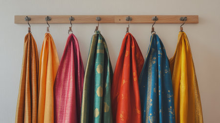 Elegant dhotis in assorted colors, hanging gracefully on hangers, clean background for a luxurious display.の素材