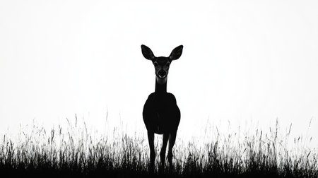 A solitary deer in silhouette, its black form standing out against a pure white background, offering strong visual contrast and simplicity.の素材