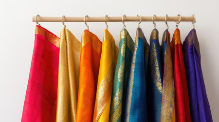 Colorful dhotis with intricate golden details, draped on hangers, photographed with a simple, clean background.の素材