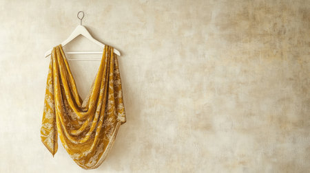 Golden-patterned dhoti hanging delicately on a white hanger, set against a plain, minimalistic background for a timeless elegance.の素材
