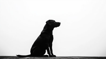 Minimalist silhouette of a sitting dog, stark black against a pure white background, offering strong visual contrast and simplicity.の素材
