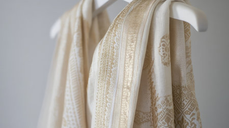 Luxurious dhoti with intricate golden patterns, gracefully draped on a white hanger, simple, neutral background enhancing its beauty.の素材