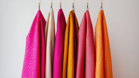Dhotis in bold and soft colors, elegantly displayed on hangers, against a clean, minimalist background for a refined look.の素材
