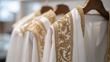 Exquisite gold-embroidered dhoti, displayed on a pristine white hanger, minimalistic backdrop for a timeless and elegant look.の素材