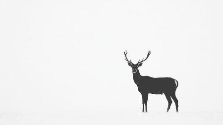 A black silhouette of a deer standing calmly, strikingly outlined against a bright white backdrop, emphasizing simplicity and elegance.の素材