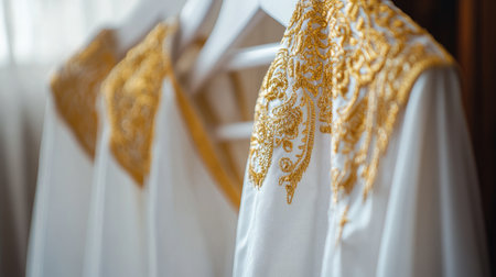 Close-up of a traditional dhoti with golden embroidery hanging on a white hanger, minimalistic background highlighting its elegance.の素材