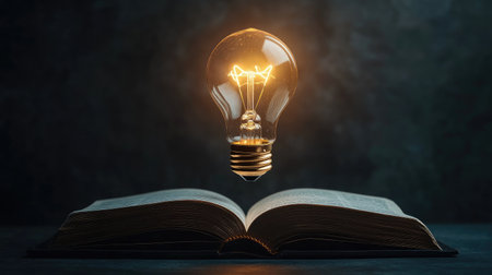 Glowing light bulb hovers above an open book, representing knowledge and technology on a simple, minimalistic backdrop.の素材