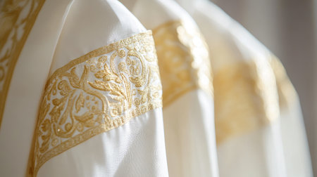 Traditional gold-embroidered dhoti, hanging neatly on a white hanger with a soft, clean background for an upscale look.の素材