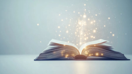 Light floating from an open book, representing futuristic technology and innovation in education, on a minimalist white backdrop.の素材
