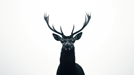 Silhouette of a majestic deer, its black form standing sharply against a bright white background, creating a simple yet dramatic image.の素材