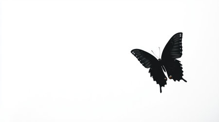 Butterfly in flight, captured as a black silhouette, standing out vividly against a stark white background for a minimalist scene.の素材