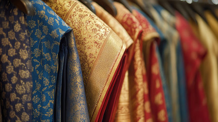 Luxurious dhotis in shades of gold, red, and blue, hanging neatly on hangers, simple backdrop for a refined presentation.の素材