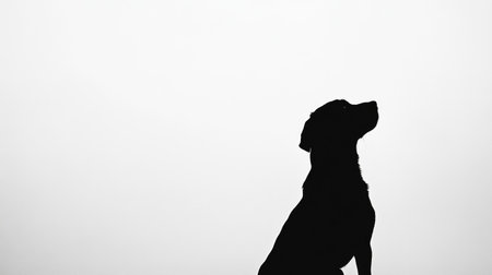 A lone black silhouette of a dog sitting calmly, its shape bold against a clean white background for a simple, striking image.の素材