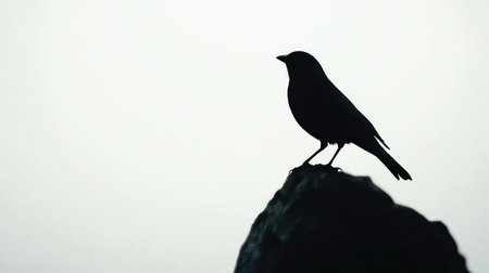 A perched bird in a simple black silhouette, standing out boldly against a bright white background for a striking contrast.の素材