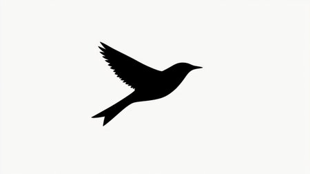 Silhouette of a bird in flight, its black form contrasting sharply with the pure white background in a minimalist scene.の素材