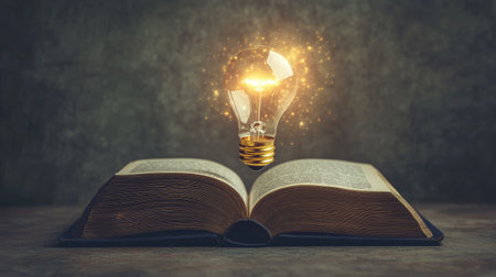 Open book with a bright light bulb floating up, symbolizing the merging of education and technological innovation on a simple background.の素材