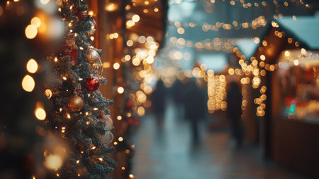 Christmas market stalls adorned with twinkling lights and holiday decorations, with space for text on a blurred background.の素材