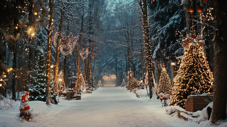 Christmas festival in a snowy forest with decorated trees, with ample room for seasonal copy on the snowy ground. cの素材
