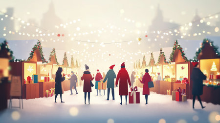 Christmas market scene with people browsing festive gifts, with room for text on a soft, blurred background.の素材
