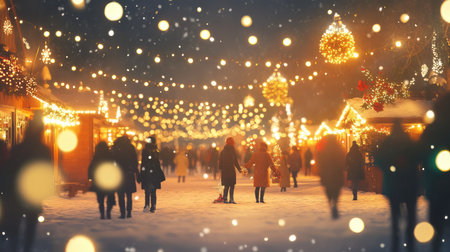 Cheerful Christmas scene with people celebrating under festive lights, with ample room for text on the snowy ground.の素材
