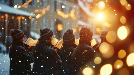 Christmas carolers singing in a snowy village square, with ample space for text on a frosty and festive background.の素材