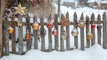 Christmas decorations hanging from a wooden fence, with a rustic copy space on a snowy background for holiday wishes.の素材