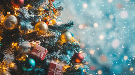 Christmas tree with colorful garlands and tinsel, surrounded by presents, with a copy space on a snowy background.の素材