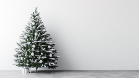 Minimalist Christmas tree with white and silver decorations, set against a clean, open background with space for text.の素材