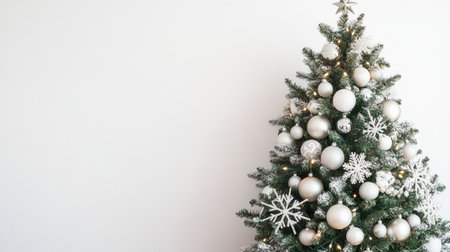 Minimalist Christmas tree with white and silver decorations, set against a clean, open background with space for text.の素材