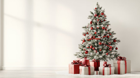 Christmas tree decorated with red ribbons and baubles, surrounded by wrapped presents, with a soft-focus copy space.の素材